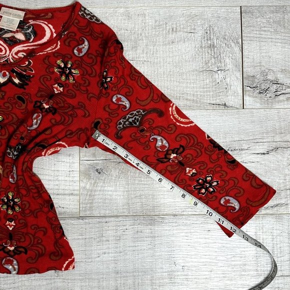 Pierre Cardin Womens Red Printed Y2K Paisley Print Sequin Blouse Size L Rib Knit - Picture 10 of 11